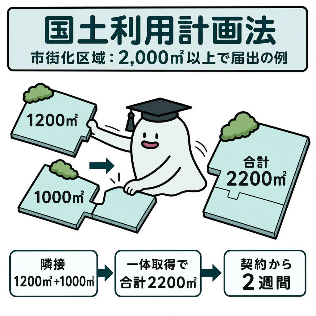 エルくんが説明する図解。隣接1200㎡+1000㎡を一体取得→合計2200㎡、契約から2週間。