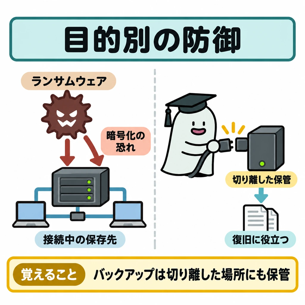 目的に合う防御の選択の図解。左にネットワークにつながった保存先を置き、ランサムウェアから「一緒に暗号化される恐れ」へ矢印を引く。仕切りの右には切り離して保管するバックアップを置き、失ったデータの復旧に役立つ関係を示す。