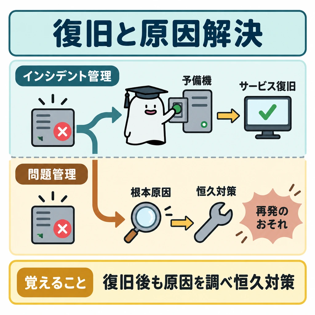 基本の仕組みの図解。中央の停止した機器から、上段は予備機への切替→サービス復旧、下段は繰り返す停止の根本原因を調べる→恒久対策へと枝分かれさせる。上下を仕切り、上段をインシデント管理、下段を問題管理として、復旧だけでは再発のおそれが残ることを示す。
