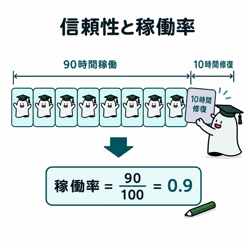 エルくんが説明する図解。90時間稼働+10時間修復の時間帯、稼働90/全体100を表示。