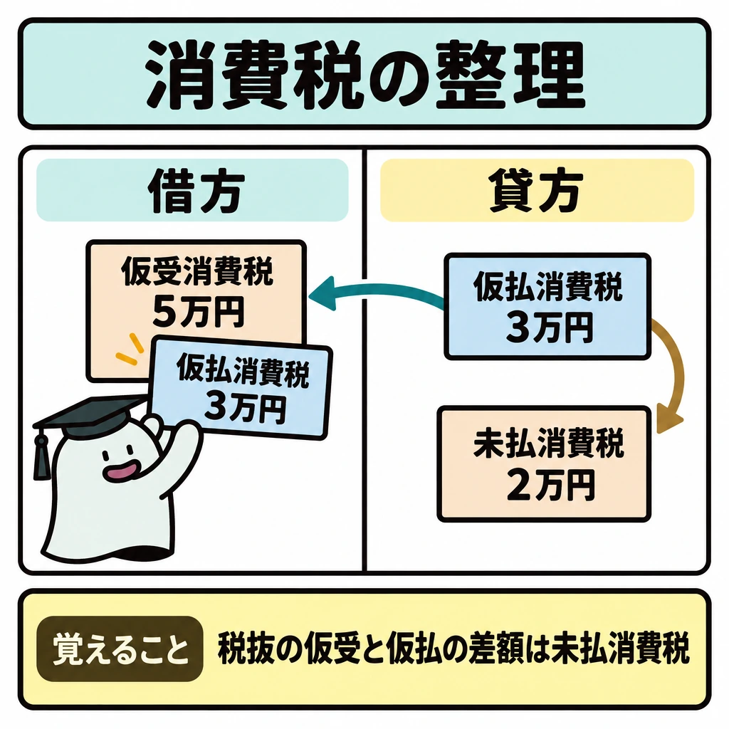 税と仮勘定を整理するの図解。中央に仕訳を大きく置き、縦線で左の借方「仮受消費税5万円」と右の貸方「仮払消費税3万円・未払消費税2万円」を分ける。右側では3万円を相殺する矢印と、残る2万円が未払消費税になる矢印を描く。