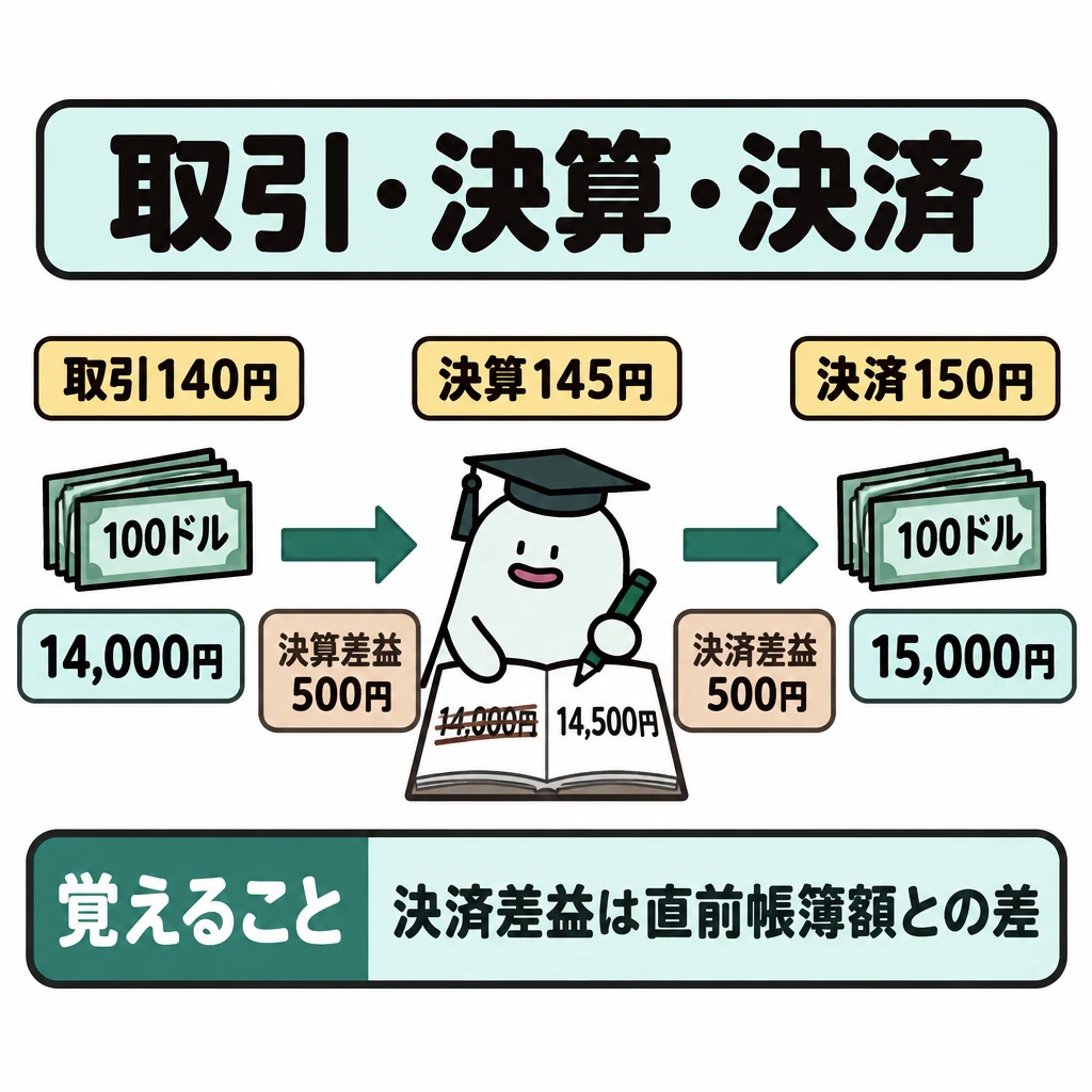 取引・決算・決済のレートの図解。100ドルの売掛金について、左から右へ取引時14,000円→決算時14,500円→翌期の決済時15,000円と、矢印でつなぐ。各矢印の下に、その時点で生じる差益500円を配置する。