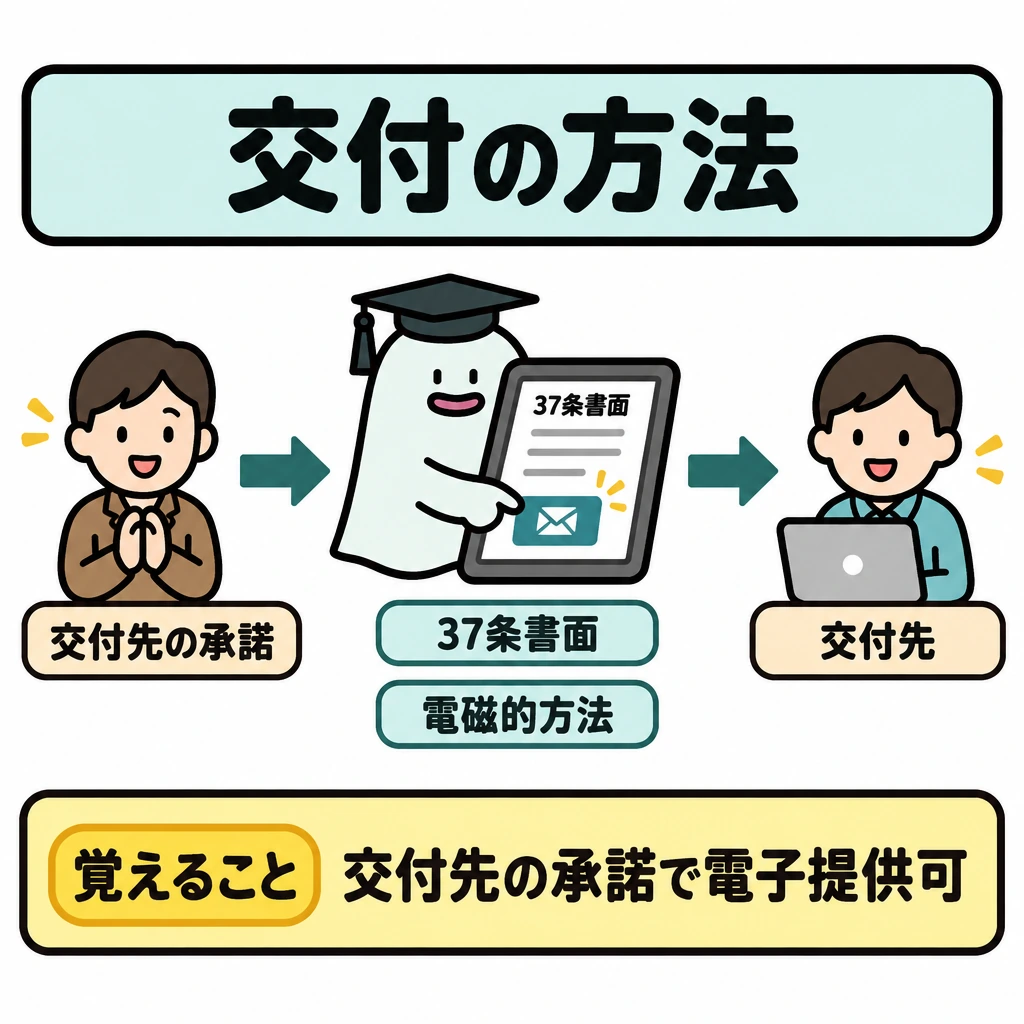 交付の時期・相手・方法の図解。左に「交付先の承諾」、中央に37条書面のメール画面、右に交付先の受信先を置き、左から右へ矢印でつなぐ。承諾が先に必要だと分かる配置にする。
