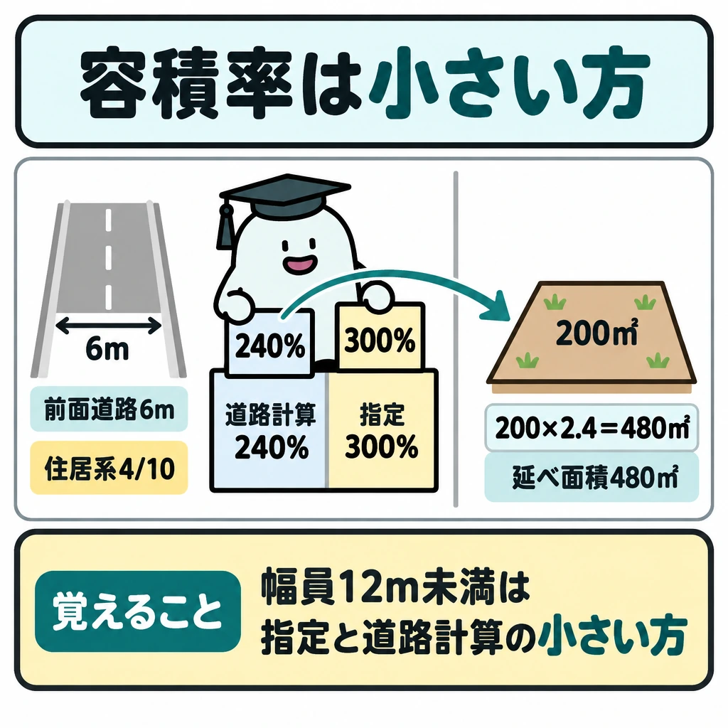 建ぺい率・容積率の計算の図解。左に幅員6mの前面道路、中央に「6×4/10=240%」と指定容積率300%の比較枠を並べ、240%から右の敷地200㎡へ矢印を引く。右端に「200×2.4=480㎡」を置き、比較枠と敷地の間を縦線で仕切る。