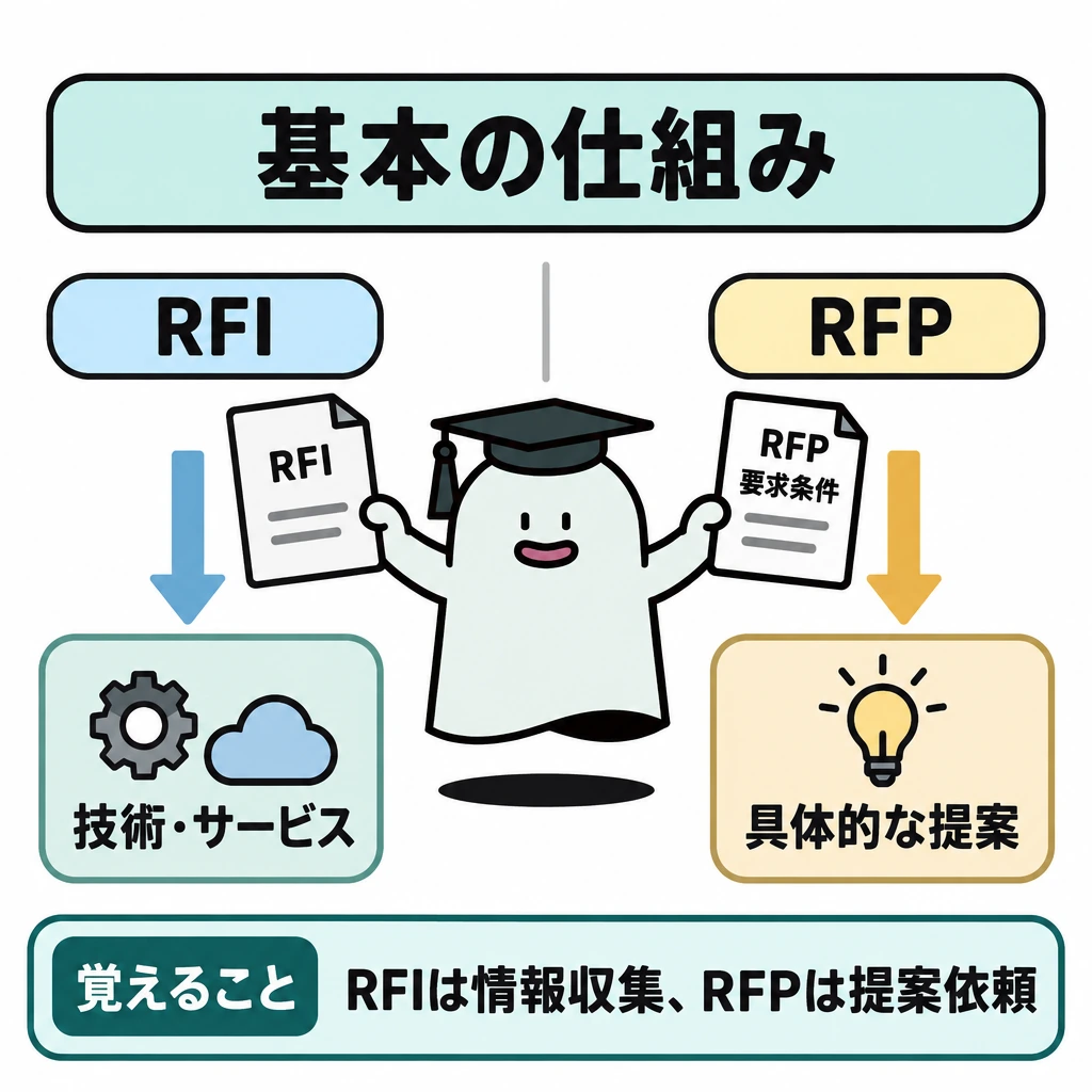 基本の仕組みの図解。中央のエルくんを挟み、左をRFI、右をRFPとして縦線で仕切る。左は依頼から「技術・サービス」の情報へ、右は「要求条件」を示す依頼から「具体的な提案」へ矢印をつなぐ。