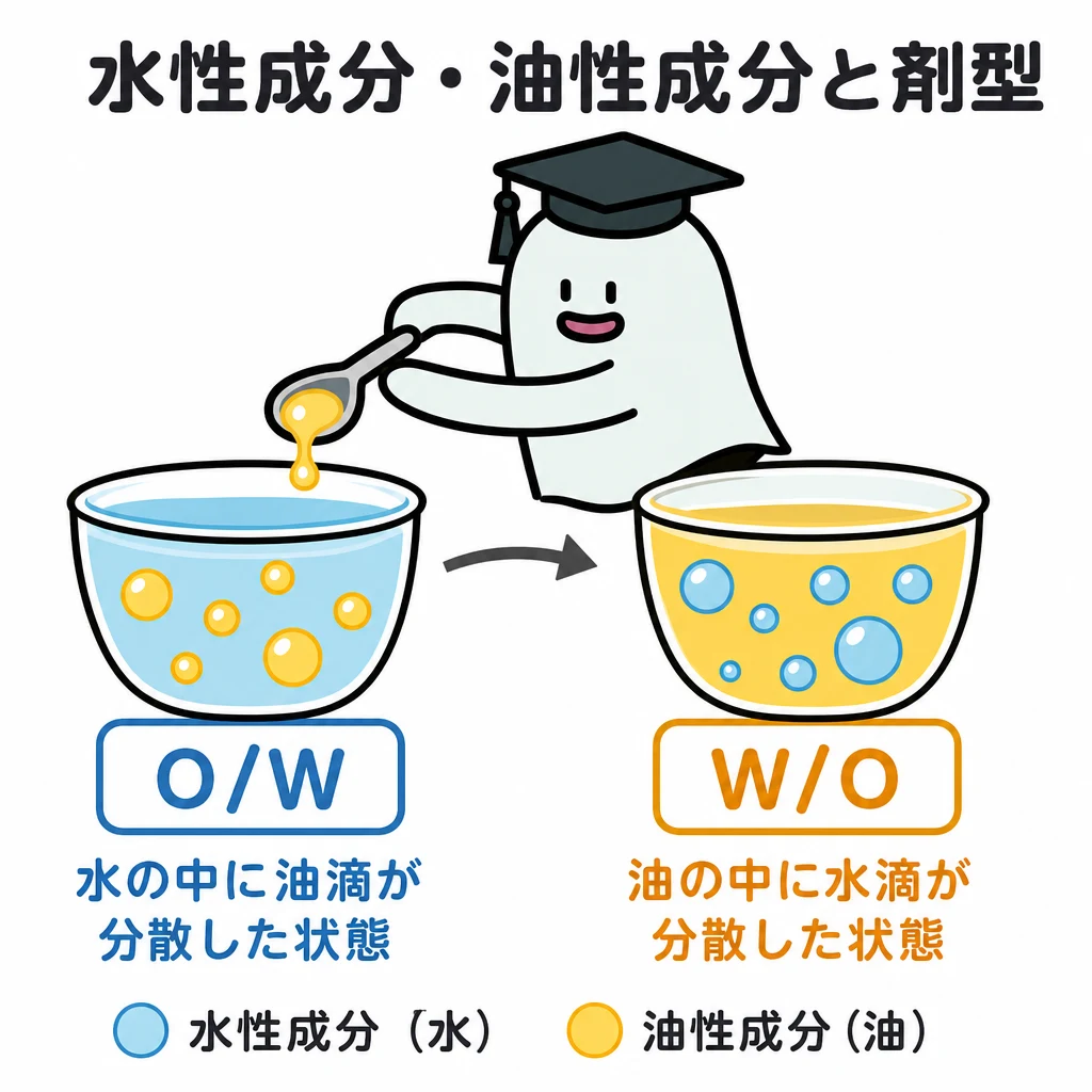 水の中に油滴が分散するO/Wと、油の中に水滴が分散するW/Oを比べる図。