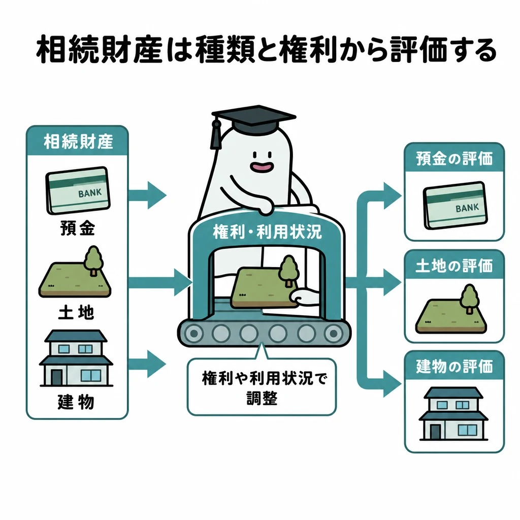 預金、土地、建物を別々の評価手順へ分け、土地は権利や利用状況で調整する図
