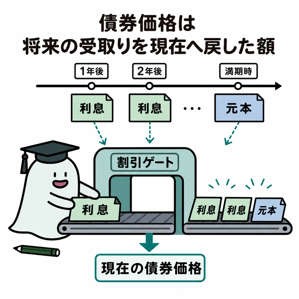 複数年の利息と満期元本をそれぞれ割り引いて現在へ集める図