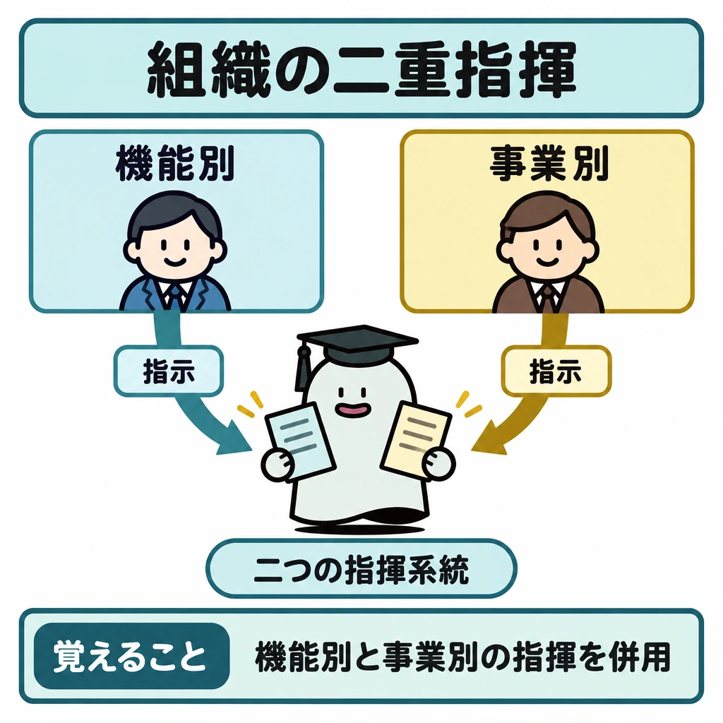 財務と組織の区別の図解。正方形の上部を左右に分け、左に「機能別」、右に「事業別」の指揮系統を置く。それぞれから中央下のエルくんへ矢印を伸ばし、二つの指示が一人に届く関係を示す。