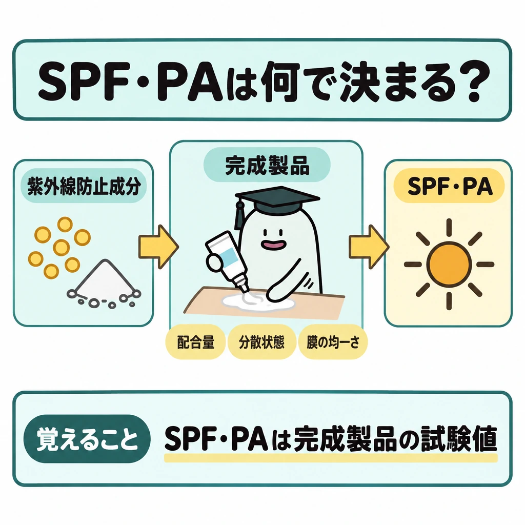 吸収剤・散乱剤・完成品の表示の図解。左の「紫外線防止成分」から中央の「完成製品」へ、さらに右の「SPF・PA」へ矢印をつなぐ。中央には配合量・分散状態・膜の均一さも試験値に関わることを添える。