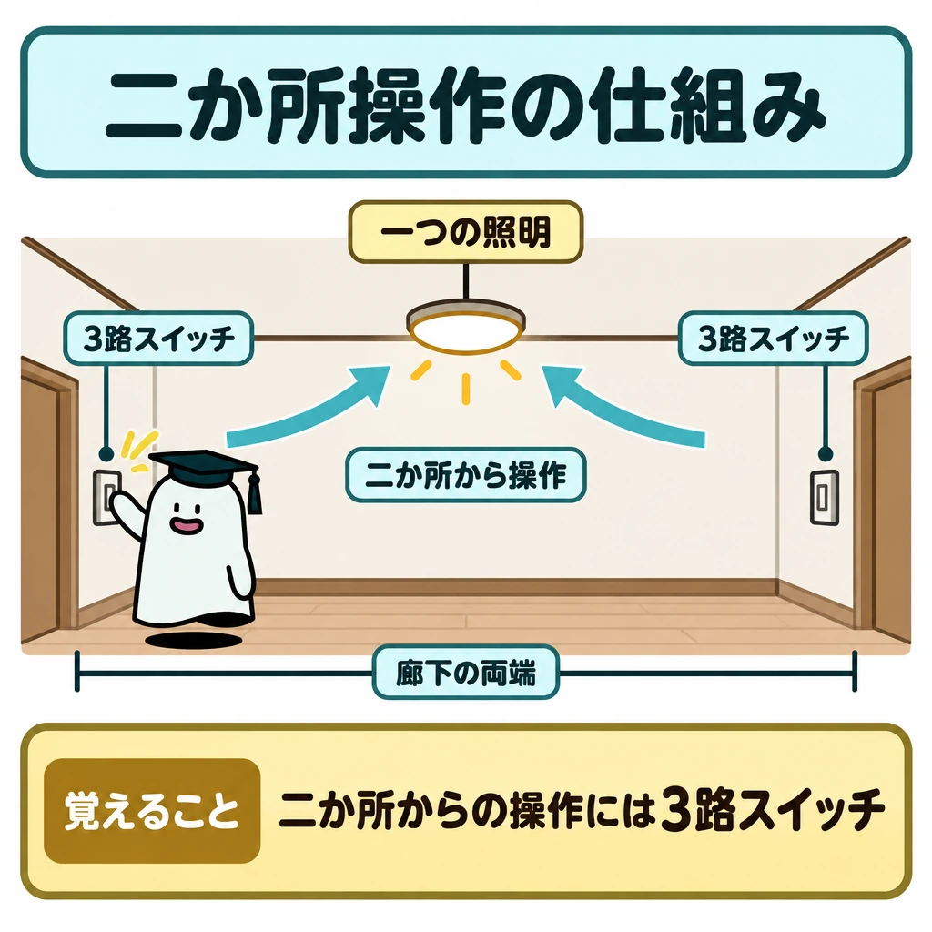 基本の仕組みの図解。一つの廊下を横長に描き、中央の照明に対して両端にスイッチを一つずつ置く。両端から中央へ向かう矢印で、二か所から同じ照明を操作する関係を示す。矢印は配線として描かない。
