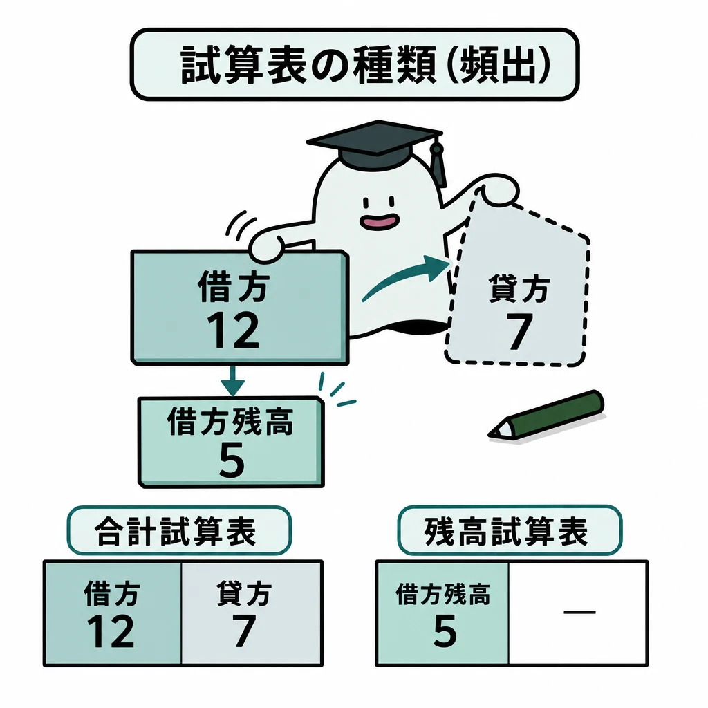 エルくんが説明する図解。借方12と貸方7を差し引き、借方残高5へ矢印。