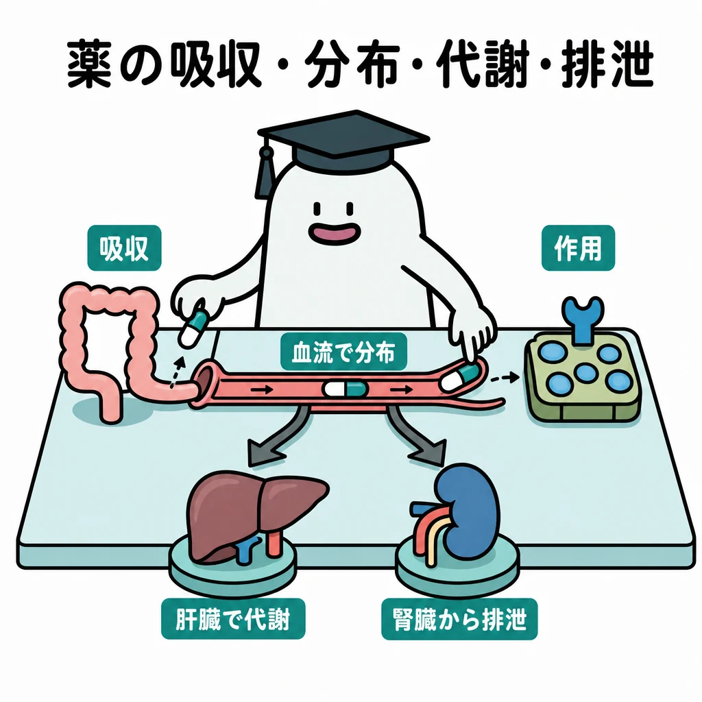 消化管から血管、作用部位へ薬の模型を移し、肝臓の代謝と腎臓の排泄を別の矢印で示す図。