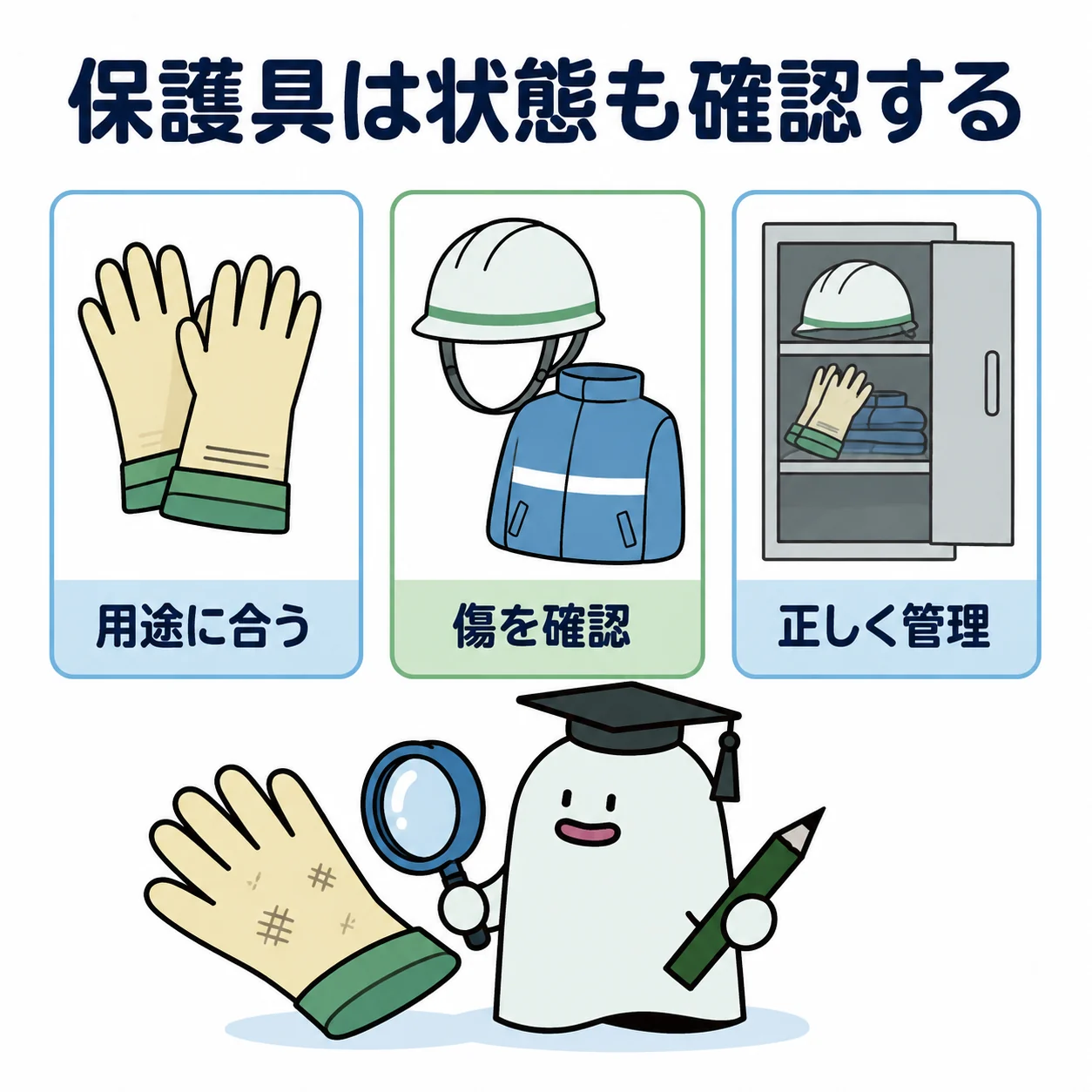 保護具は状態も確認する。絶縁手袋、ヘルメット、防護具を三つの大きいカードで示す。