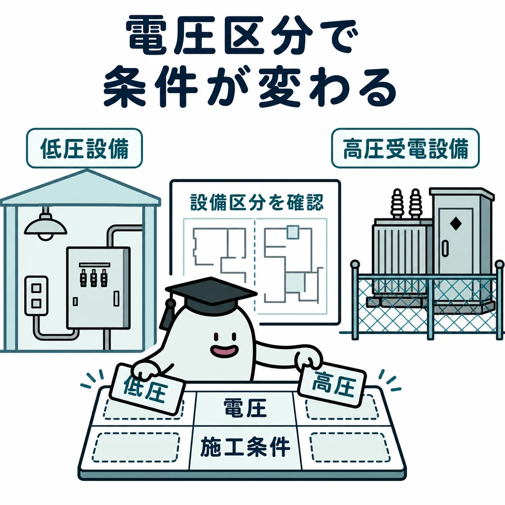 電圧区分で条件が変わる。左に建物内の低圧設備、右に隔離された高圧受電設備。