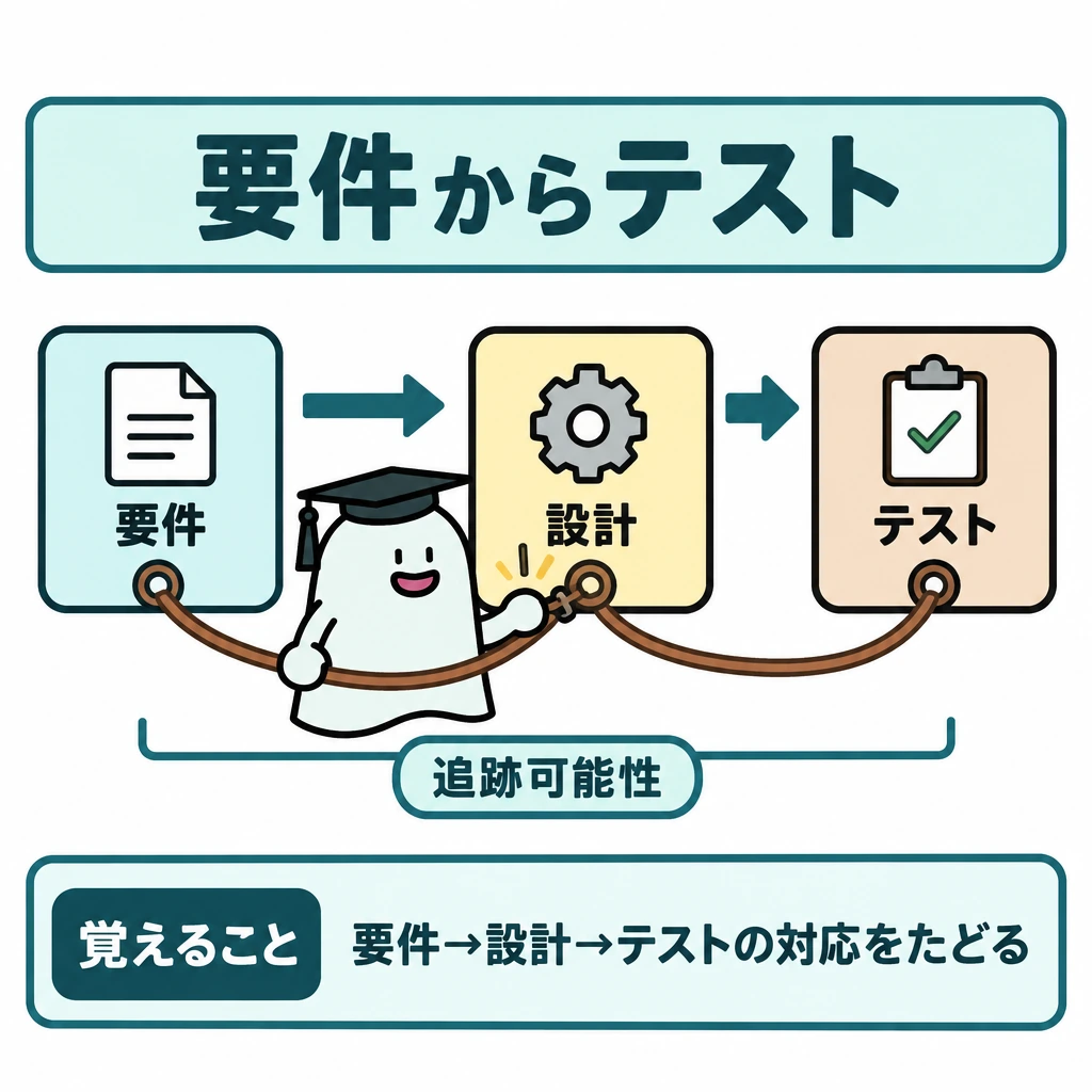 要件から保守までの図解。左から「要件」「設計」「テスト」のカードを矢印で並べ、各カードの下を一本の対応線でつなぐ。工程の順序と、後から対応をたどれることを描き分ける。