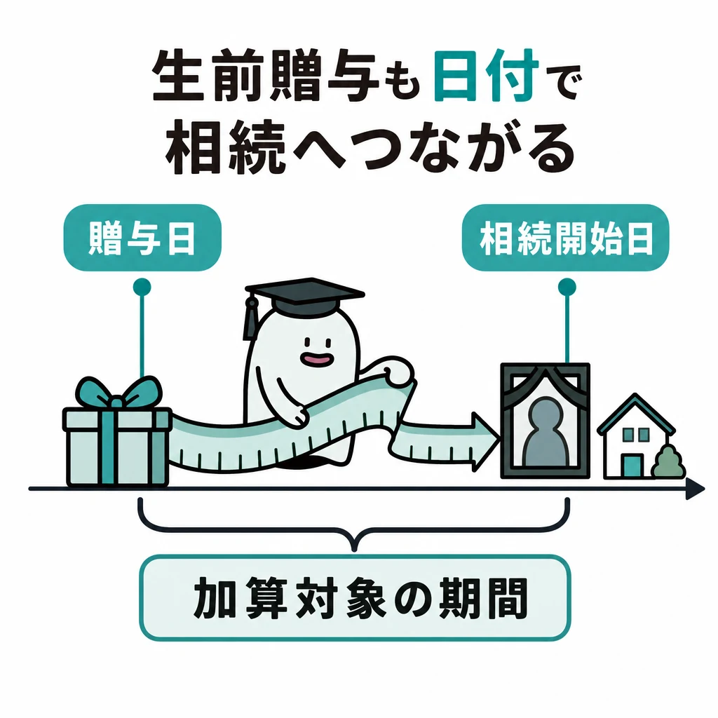 贈与の時点と相続開始時点を並べ、加算対象期間を確認する時間軸の図