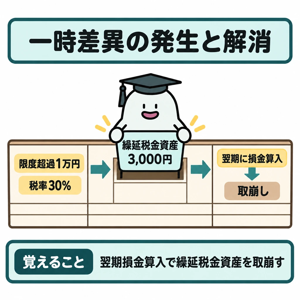一時差異の発生と解消の図解。1本の横長の帳簿図で、左の「限度超過1万円」「税率30%」から中央の「繰延税金資産3,000円」へ矢印を引く。中央から右へは「翌期に損金算入」と記した矢印を引き、先に「取崩し」を置く。
