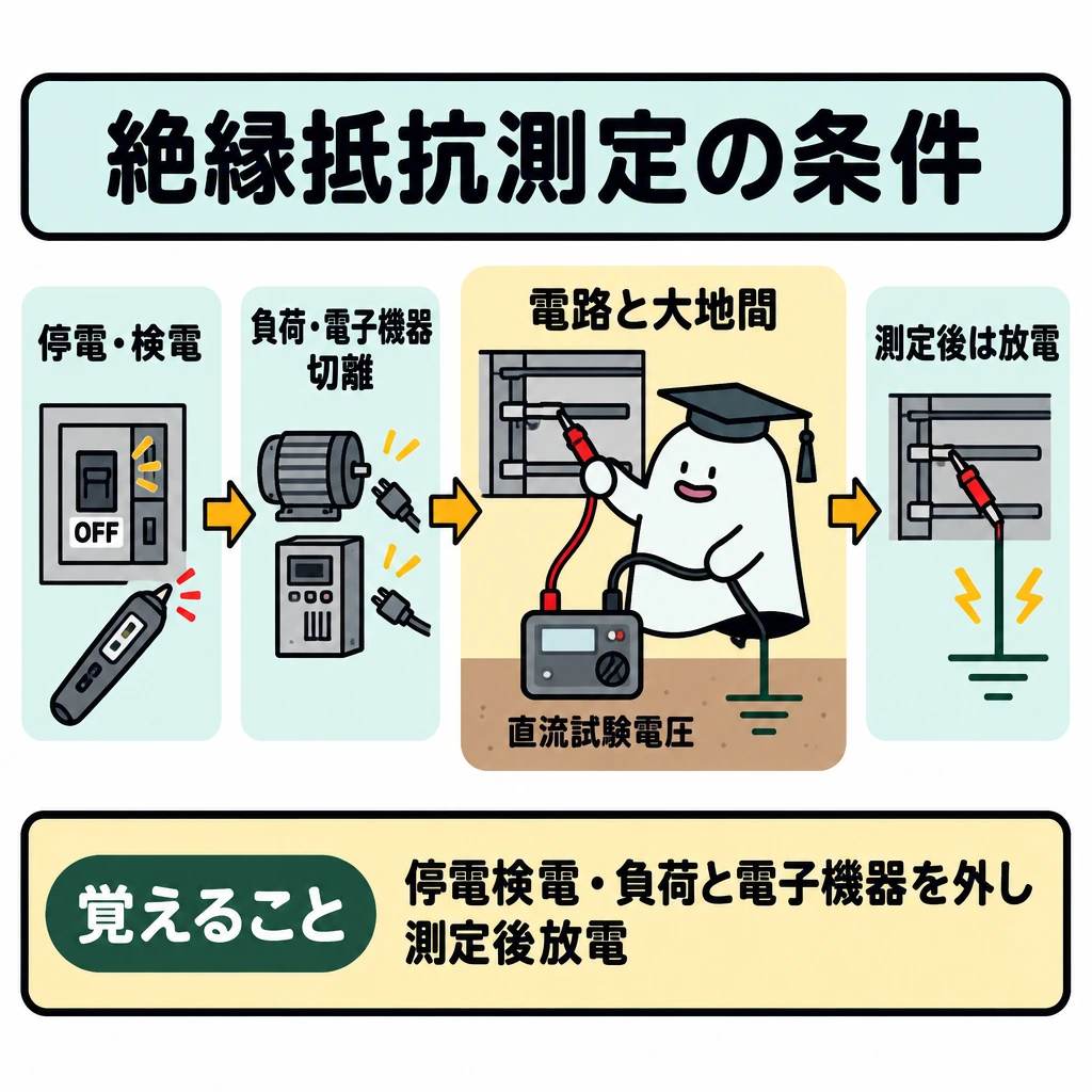 絶縁抵抗測定の条件の図解。中央に停電した電路と大地につないだ絶縁抵抗計を描く。周囲に「停電・検電」→「負荷・電子機器切離」→中央の測定→「測定後は放電」の順で矢印を置き、測定前後の条件を一つの図で示す。