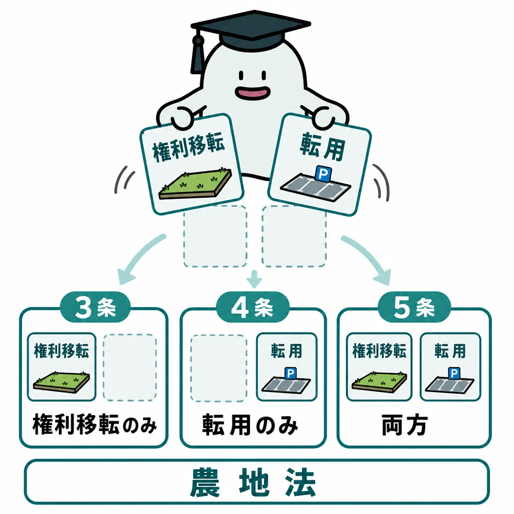 権利移転のみは3条、転用のみは4条、両方は5条として三つの欄へ分類する図。