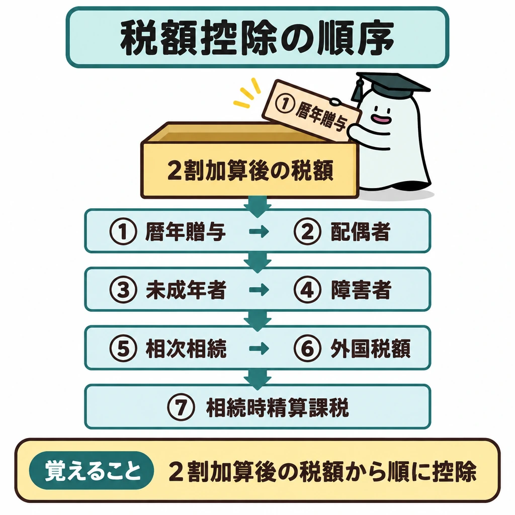 税額控除の順序の図解。上に「2割加算後の税額」、下に①〜⑦の控除を4段にまとめて配置する。各段の中と段の間を下向き矢印でつなぎ、番号順に税額から差し引く流れを示す。