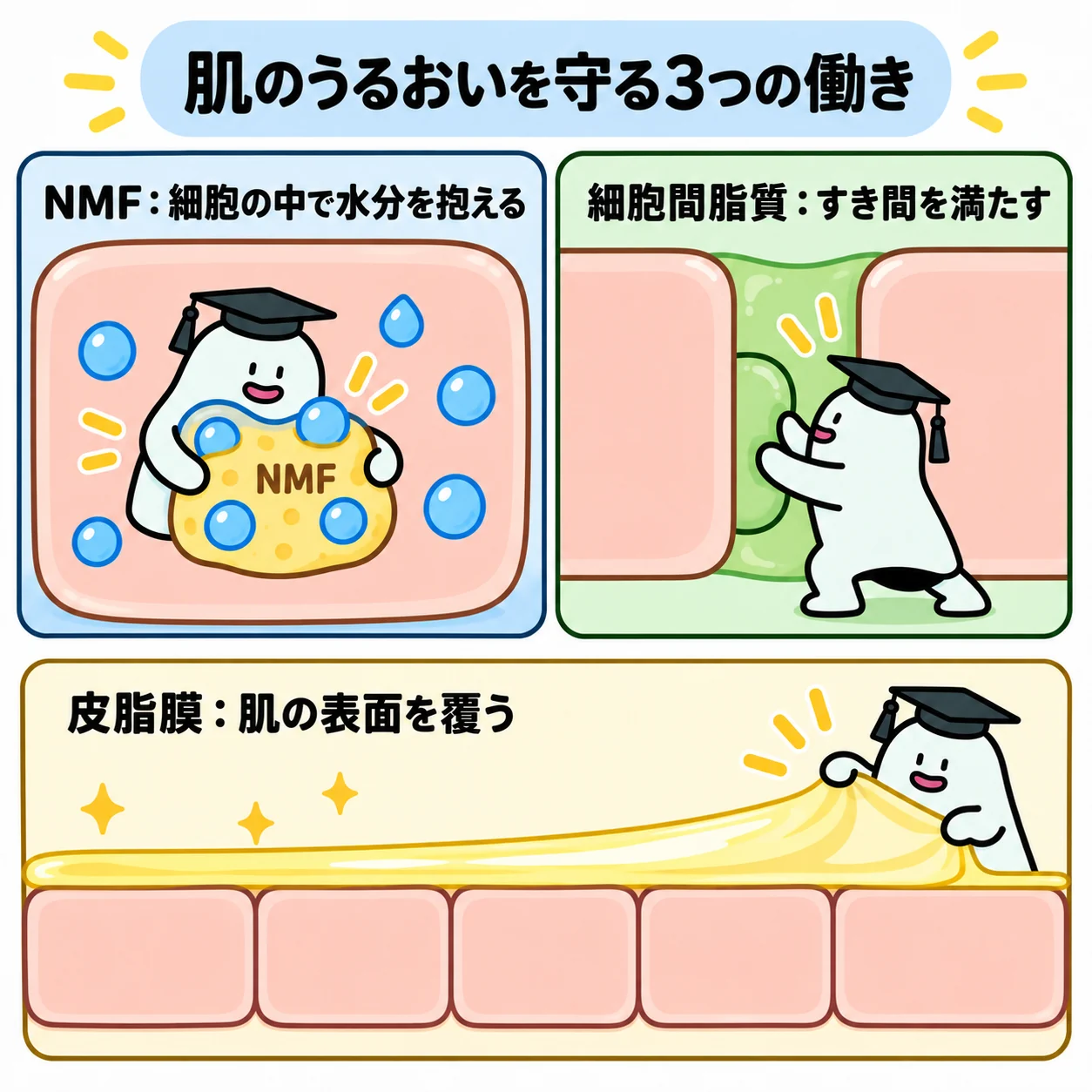 エルくんがNMFをスポンジに見立てて細胞内で水分を抱え、細胞間の脂質を埋め、表面へ皮脂膜を広げる三つの保湿作用の模式図。