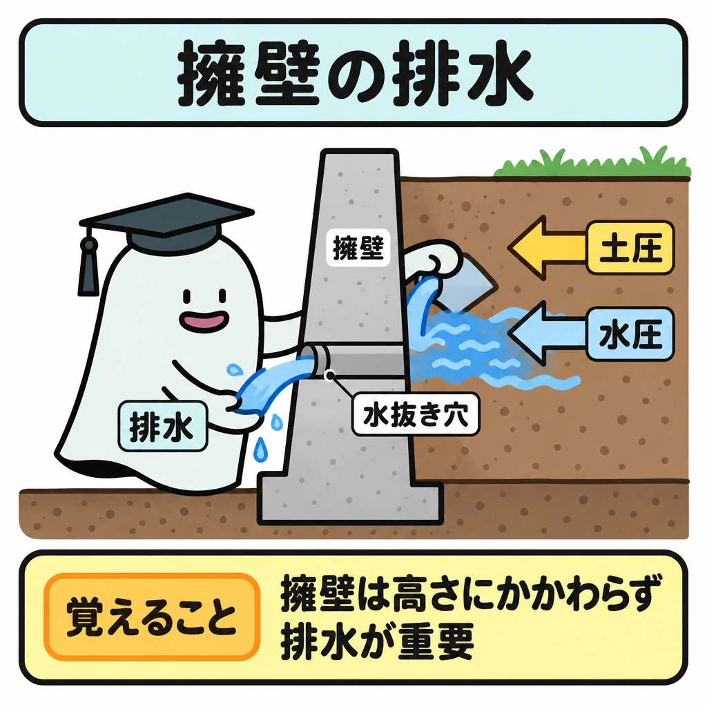 擁壁と現地調査の図解。中央に擁壁の断面を縦に置き、右側を背面の土、左側を前面とする。土圧・水圧の矢印を右から擁壁へ向け、水抜き穴から左へ水が出る様子を描く。