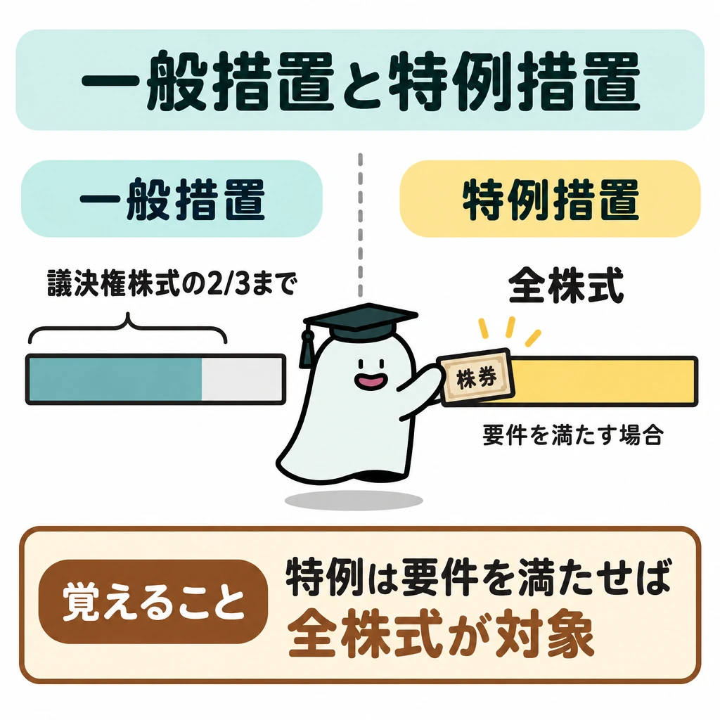 一般措置と特例措置を区別するの図解。中央の縦線で左右に分け、左の一般措置には「議決権株式総数」を示す横棒の3分の2までを着色し、右の特例措置には「全株式」を示す横棒全体を着色する。右側の棒の下に、全株式が対象となるのは要件を満たす場合だと添える。