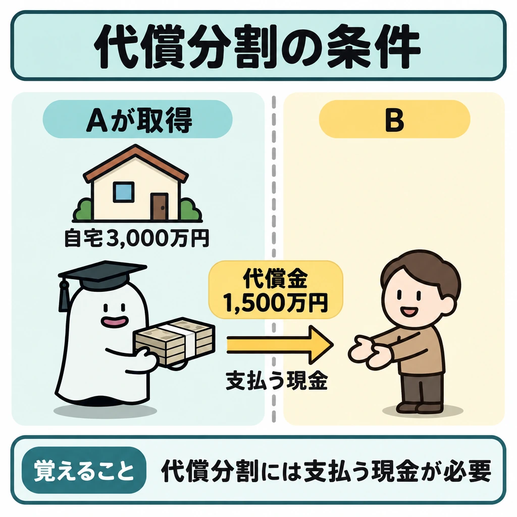 基本の仕組みの図解。左に自宅3,000万円を取得するA、右にBを置き、縦の仕切りで分ける。A側の現金からB側へ「代償金1,500万円」の矢印を引き、支払う現金が必要なことを示す。