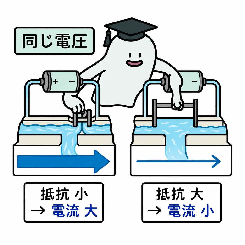 同じ電圧で、流れ道の狭さを変える水路模型を操作し、抵抗の大小と電流の大小を比べる図。