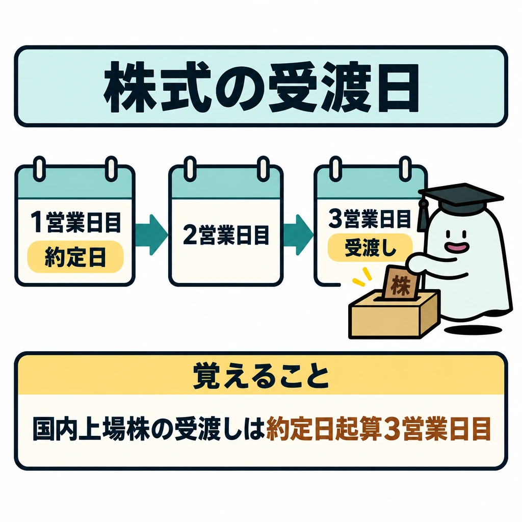 信用取引・株価指数・受渡しの図解。左から右へ「1営業日目(約定日)→2営業日目→3営業日目(受渡し)」の3枠を矢印でつなぐ。約定日を1営業日目として数えることが分かるよう、1枠目に両方のラベルを置く。
