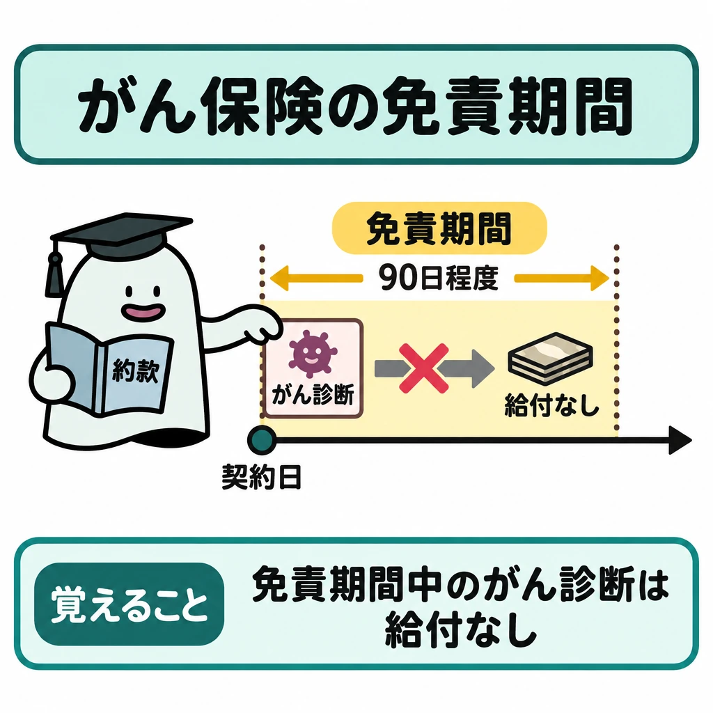 第三分野で確認する支払事由の図解。中央に契約日から右へ進む時間軸を置き、契約直後の「90日程度」を免責期間の帯で囲む。帯内のがん診断から給付金へ向かう矢印に×を重ね、期間後の給付可否は描かない。
