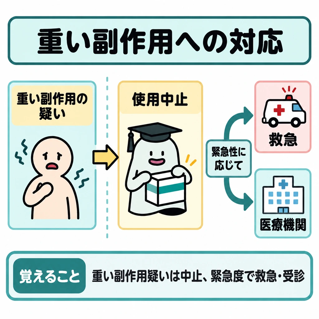 重篤な副作用の初期症状と対応の図解。左の「重い副作用の疑い」から中央の「使用中止」へ矢印を引き、右側で「緊急性に応じて」を挟んで「救急」「医療機関」へ矢印を分ける。仕切りで左側の疑いと右側の対応を区別し、全体を一つの場面に収める。