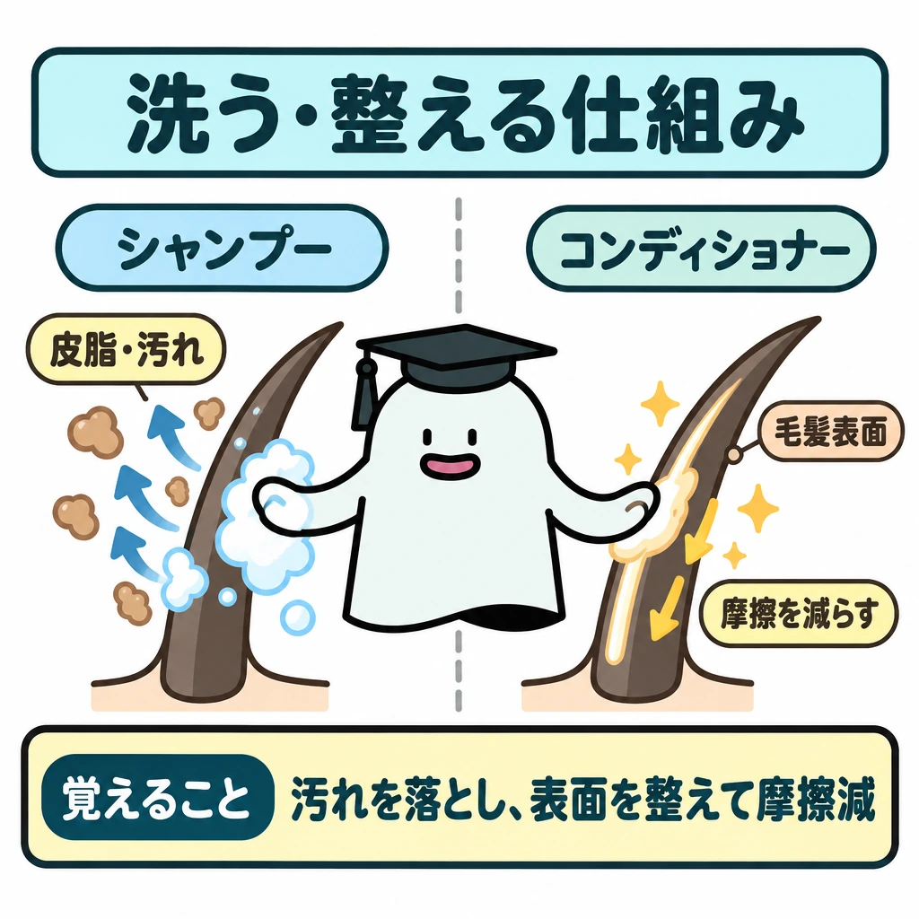 基本の仕組みの図解。中央にエルくんを1体置き、縦の仕切りの左にシャンプー、右にコンディショナーを配置する。左は毛髪から皮脂・汚れが離れる矢印、右は毛髪表面に沿う矢印で、整えて摩擦を減らす働きを示す。