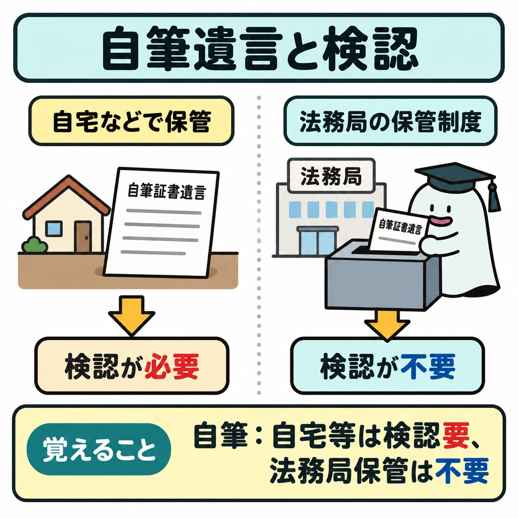 遺言の方式と検認の図解。中央の仕切りを挟み、左に自宅などで保管する自筆証書遺言→「検認が必要」、右に法務局の保管制度を利用する自筆証書遺言→「検認が不要」を配置する。左右の矢印はそれぞれの保管先から検認の要否へ向ける。