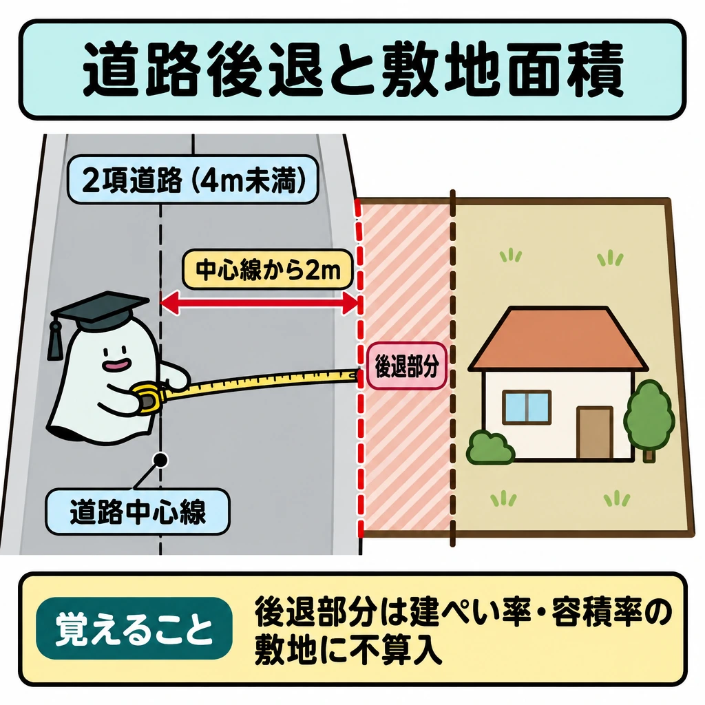 敷地・道路・指定値を先に確定するの図解。左に幅員4m未満の2項道路、右に敷地を一続きで描く。道路中心線から敷地側へ2mの矢印を引き、その先を道路境界とみなす線で区切り、元の境界との間の後退部分を敷地面積から除く。