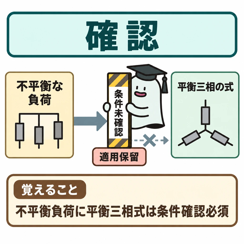 確認の図解。左の「不平衡な負荷」から右の「平衡三相の式」へ向かう矢印の途中に、「条件未確認」の仕切りを置いて矢印を止める。エルくんが仕切りを操作する一場面に絞る。