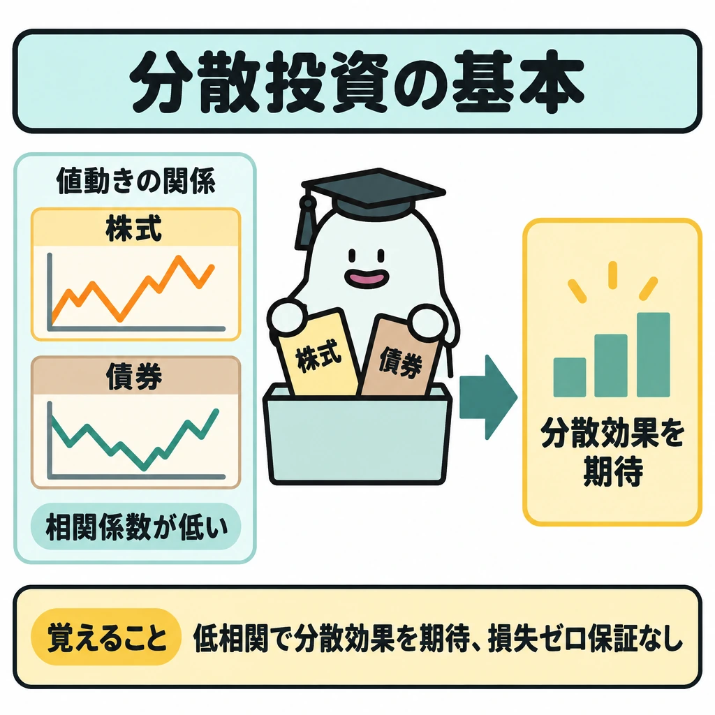 基本の仕組みの図解。左に株式と債券の値動きを同じ時間軸で上下に並べ、動きがそろいにくい組合せとして示す。中央の組合せ枠から右の「分散効果を期待」へ矢印を引き、損失ゼロへの矢印は描かない。