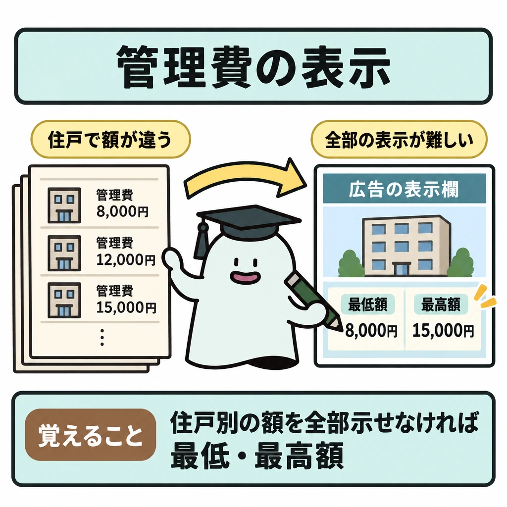 表示規約と宅建業法の図解。左に管理費の額が異なる複数の住戸、右に広告の表示欄を置き、左から右へ矢印を引く。住戸ごとの額を全部表示するのが難しい場合として、表示欄に最低額と最高額を並べる。