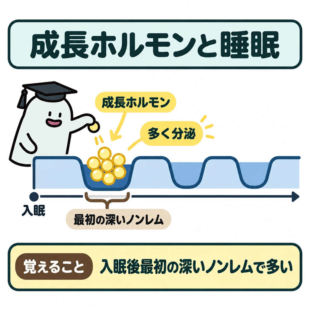 基本の仕組みの図解。画面中央に左から右へ進む睡眠の時間帯を描き、左端を「入眠」とする。入眠後、最初に現れる深いノンレム睡眠の区間を強調し、その上に成長ホルモンの粒を多く配置する。