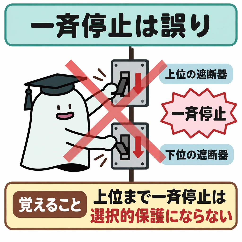 確認の図解。上に「上位の遮断器」、下に「下位の遮断器」を縦に配置する。両方が同時に止まる様子を赤い×で示し、上位まで一斉に止める考えを否定する。