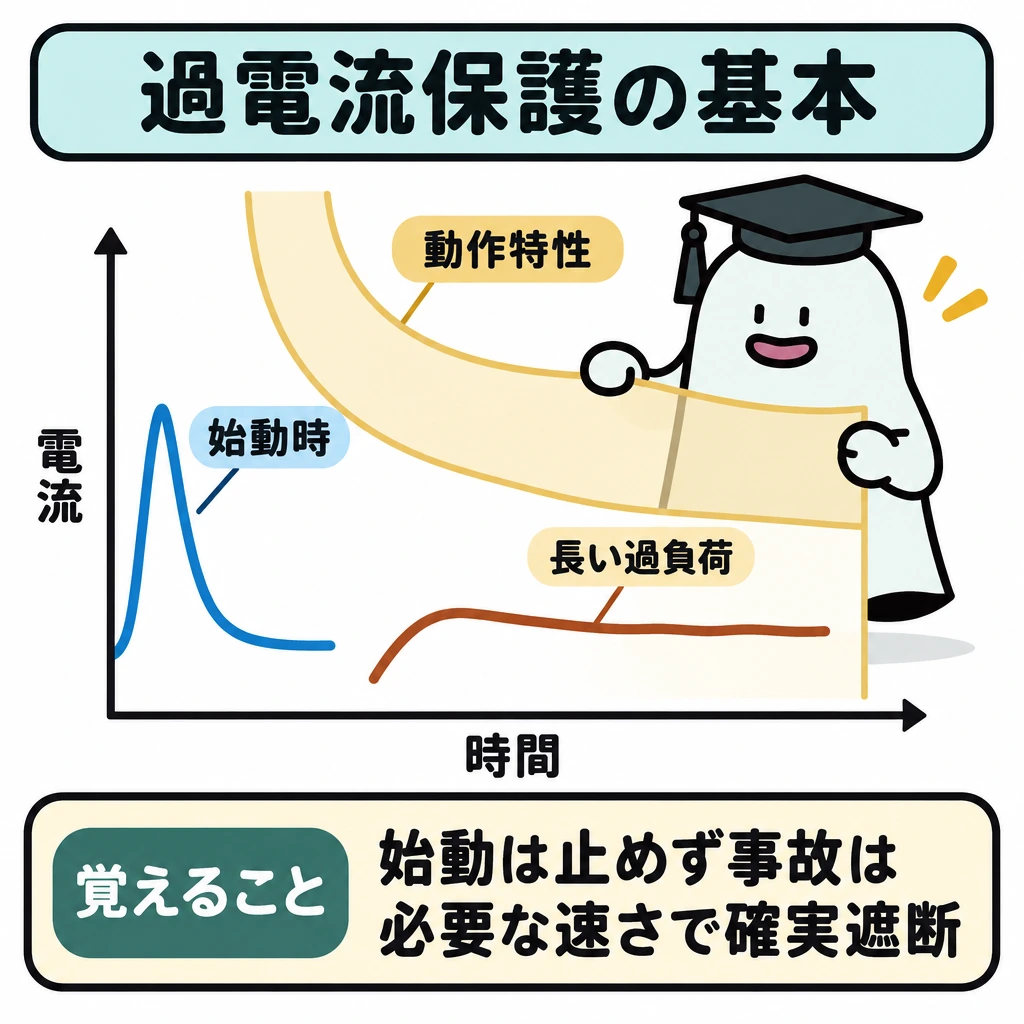 基本の仕組みの図解。中央に横軸「時間」、縦軸「電流」の図を置き、短時間の始動時の電流と長く続く過負荷を、つながらない別々の線で示す。動作特性は半透明の重ね図として示し、具体的な遮断位置や数値は描かない。
