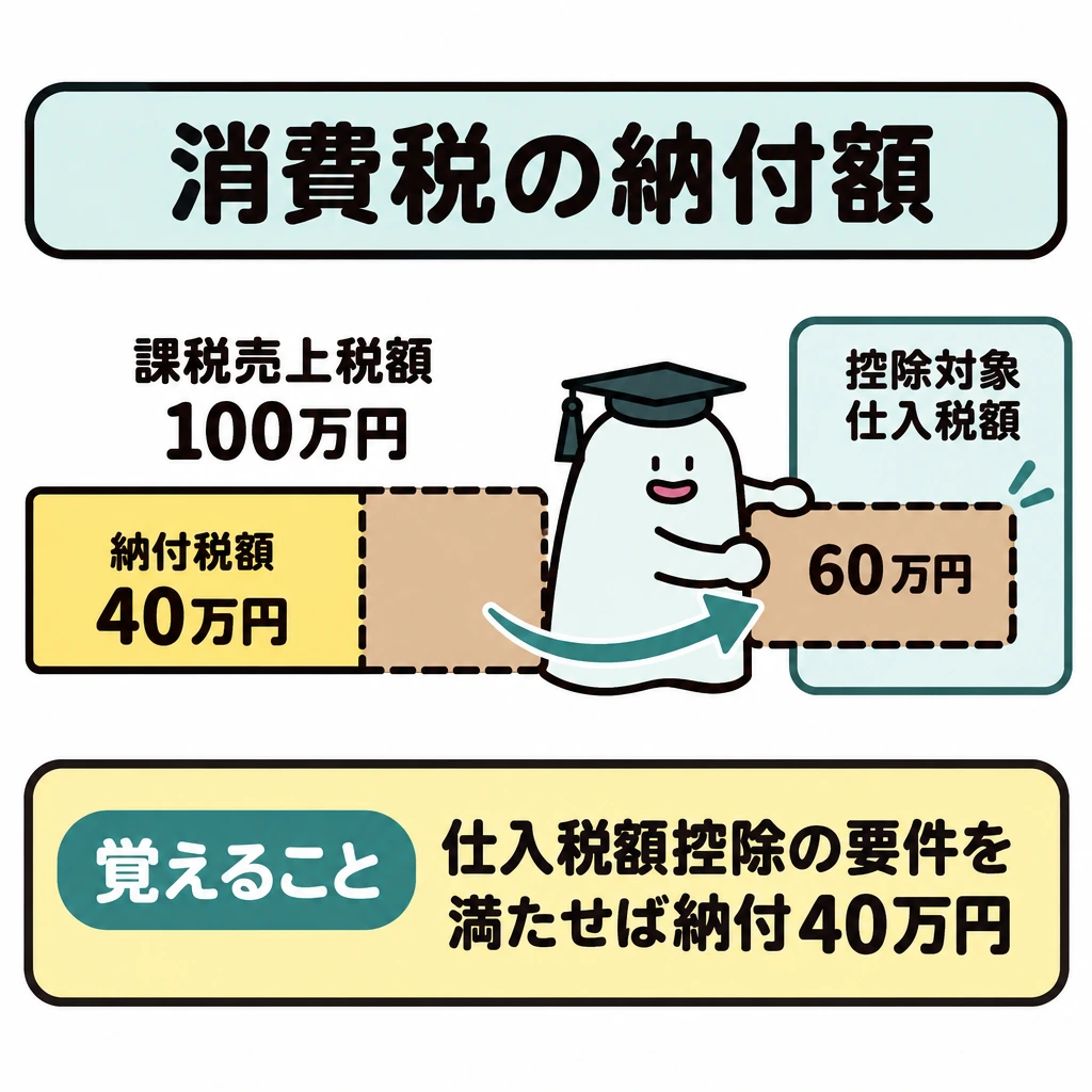 基本の仕組みの図解。中央に課税売上の税額100万円を表す一本の帯を置き、控除対象仕入税額60万円の部分を右へ抜き取る矢印を描く。残った40万円を納付税額として示す。