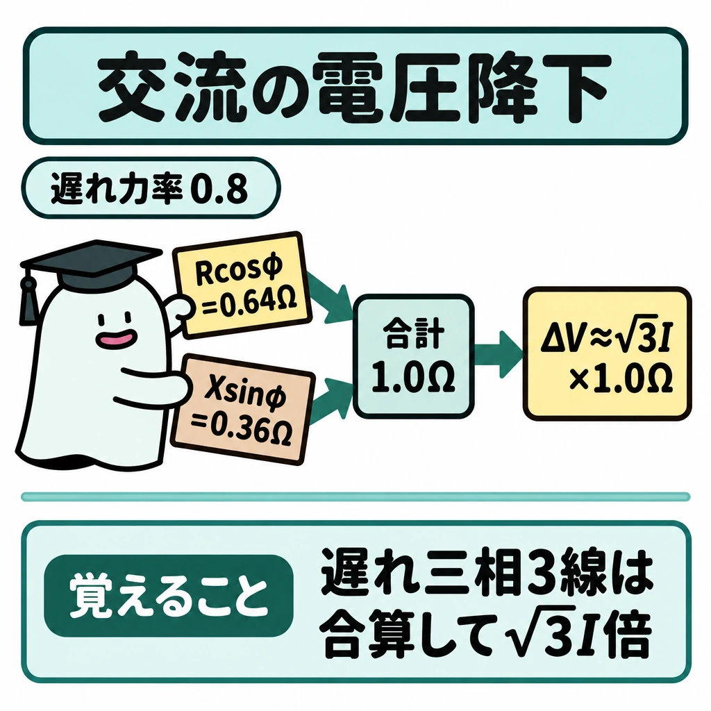 交流の電圧降下を分けて計算の図解。三相3線・遅れ力率の例として、左に抵抗分とリアクタンス分の札を上下に置き、2本の矢印を中央の加算枠へ集める。そこから右の電圧降下の式へ矢印を伸ばし、下部を仕切って「覚えること」を置く。