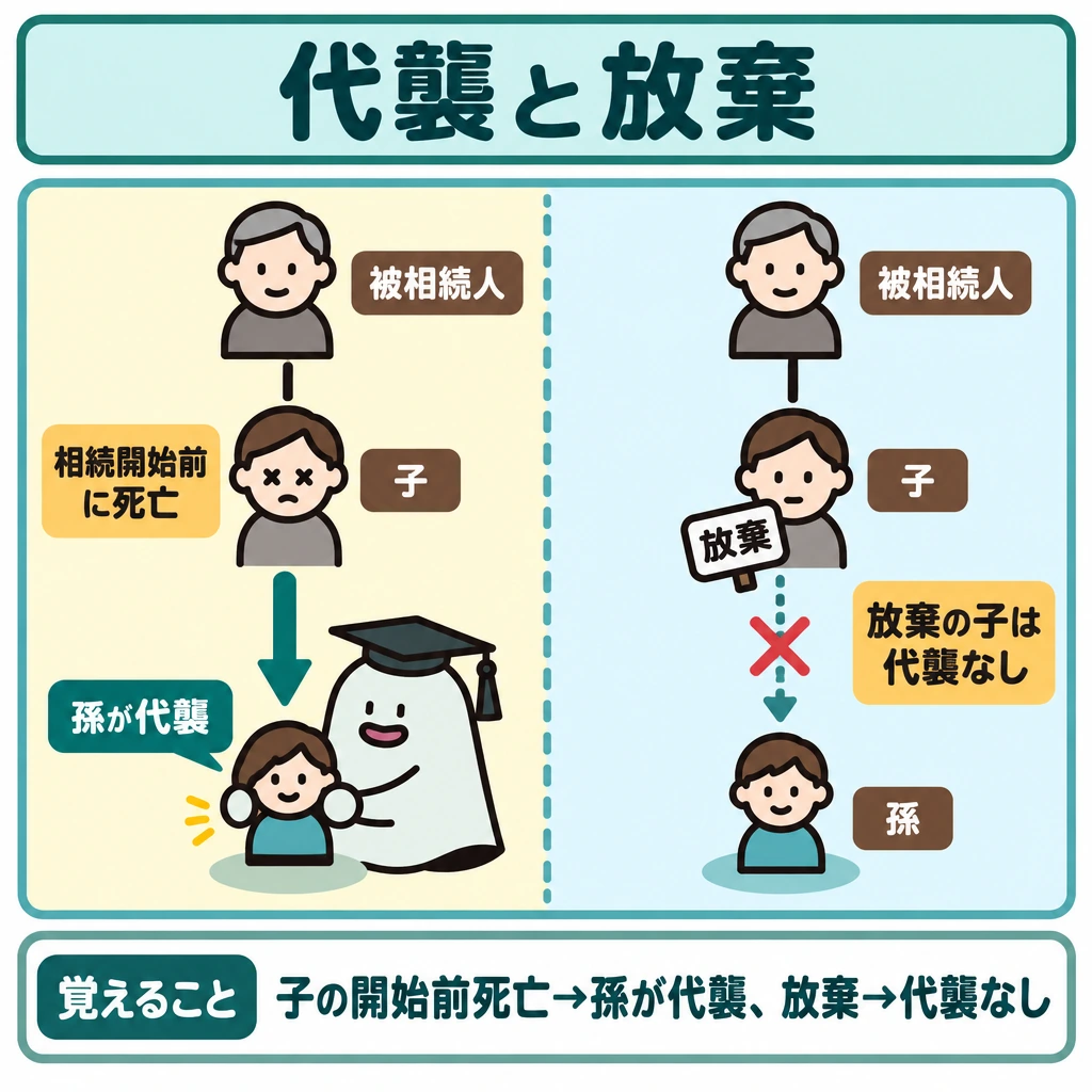 代襲相続と承認・放棄の図解。正方形の中央に「被相続人→子→孫」の家系図を置き、子から下へ二つの条件付き矢印を分ける。左は「相続開始前に死亡」から孫への代襲を実線で、右は子が放棄した場合を孫への矢印に×を付けて示し、二つは別の場合だと分かるよう仕切る。