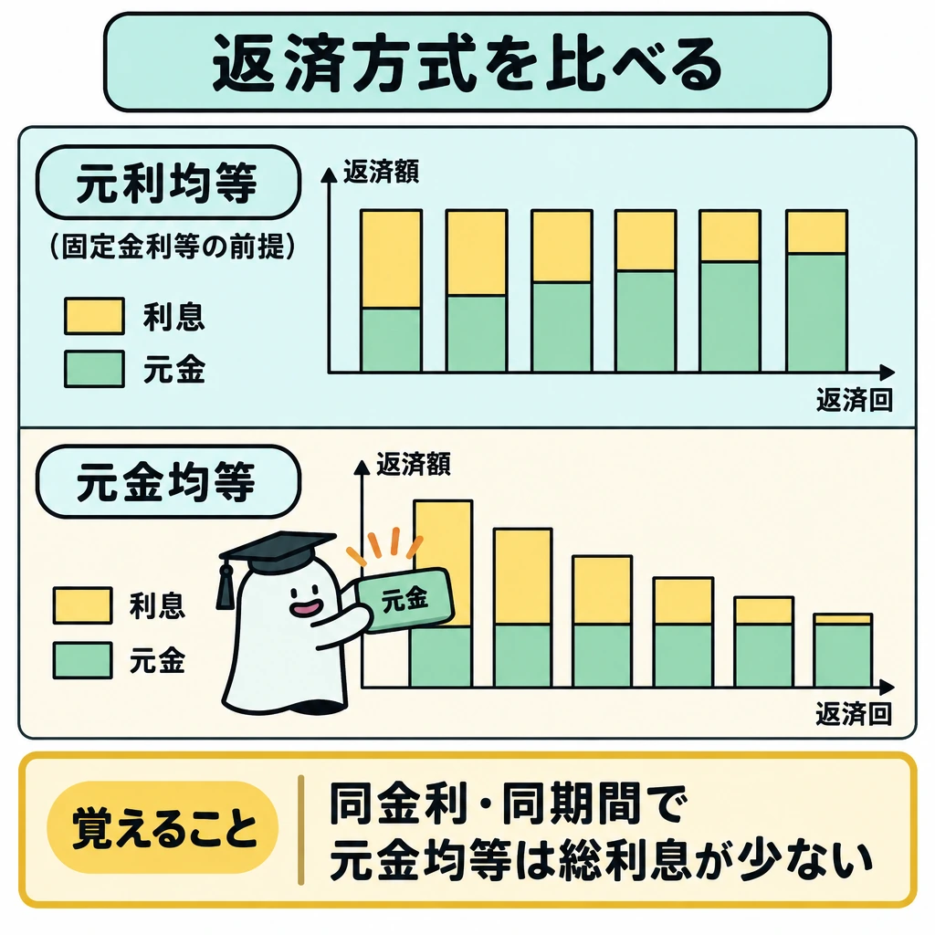 返済方式と繰上返済を比べるの図解。上段を元利均等、下段を元金均等とし、各段に左から右へ返済回ごとの「元金」と「利息」の積み上げ棒を並べる。上段は合計の高さを一定にして当初の利息を大きく、下段は元金の高さを一定にして返済額が右ほど減るよう描き、段間を仕切る。