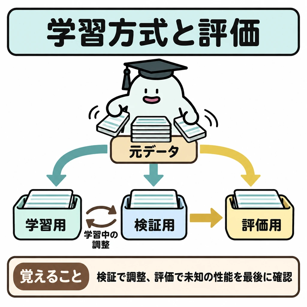 学習方式と評価の図解。上段のデータ束から、下段に横並びの「学習用」「検証用」「評価用」へ矢印を分岐させる。学習用と検証用の間には調整の戻り矢印を描き、評価用へは最後に進む片道矢印を描く。