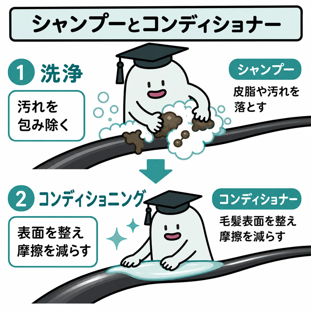 エルくんが説明する図解。洗浄で汚れ除去→コンディショニングで表面摩擦を減らす二段階。