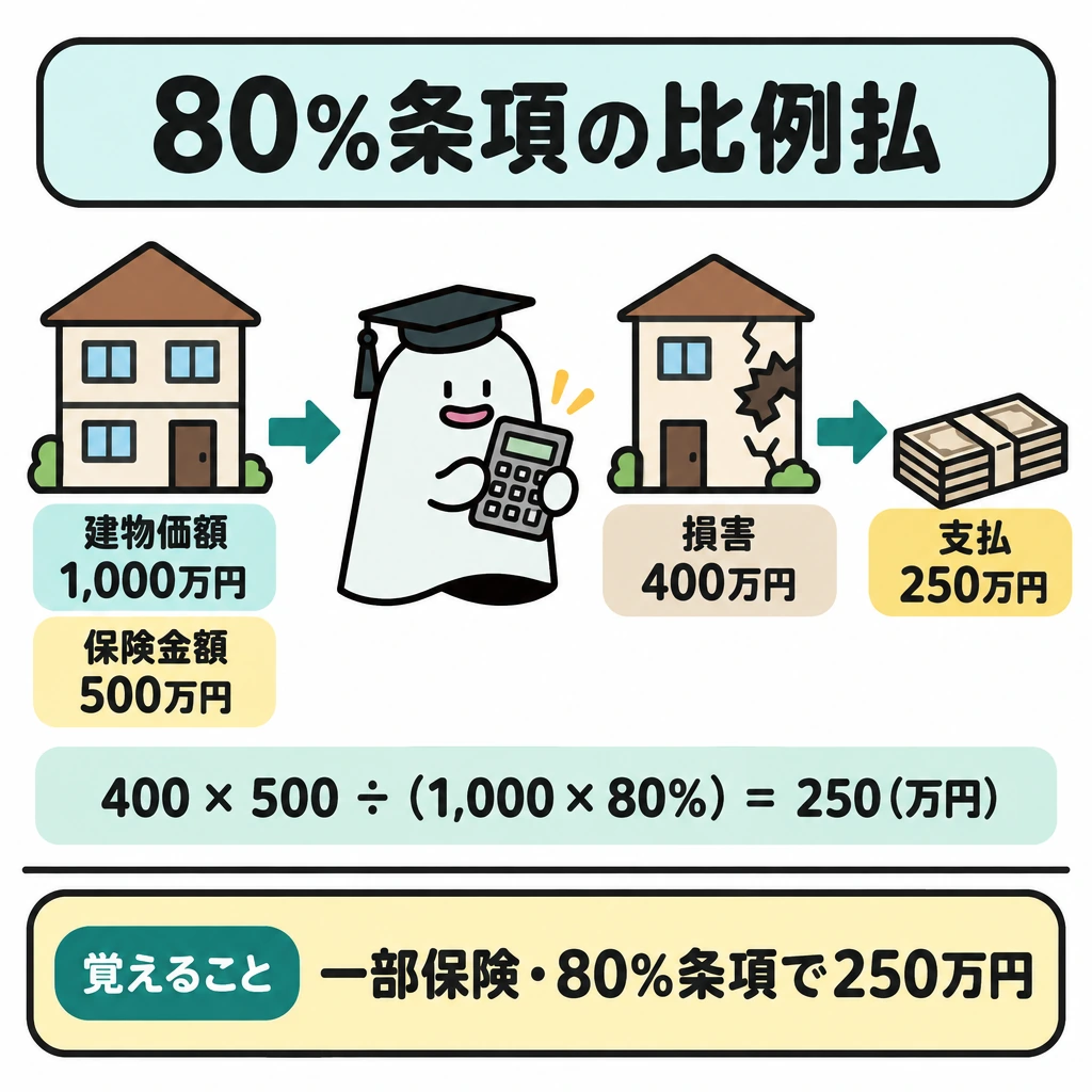 基本の仕組みの図解。左に建物価額1,000万円・保険金額500万円の建物、中央に損害400万円、右に支払250万円を置き、左から右へ矢印でつなぐ。矢印の下に「400×500÷(1,000×80%)=250(万円)」を示し、下部の結論とは横線で仕切る。
