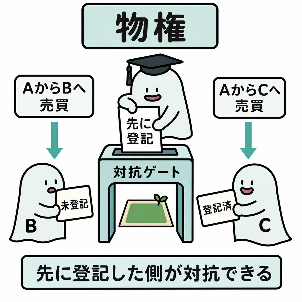 エルくんが説明する図解。AからB/Cへ二重売買、B未登記/C登記の比較。